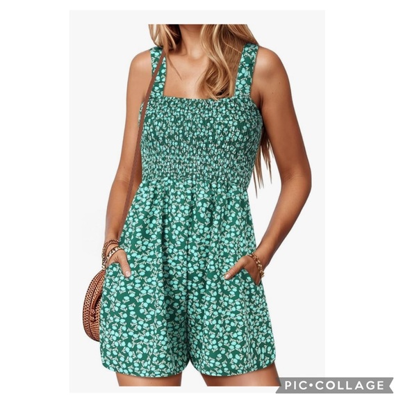NEW AUTOMET FLORAL SMOCKED SQUARE NECK ROMPER VACATION BEACH RESORT - Picture 1 of 4